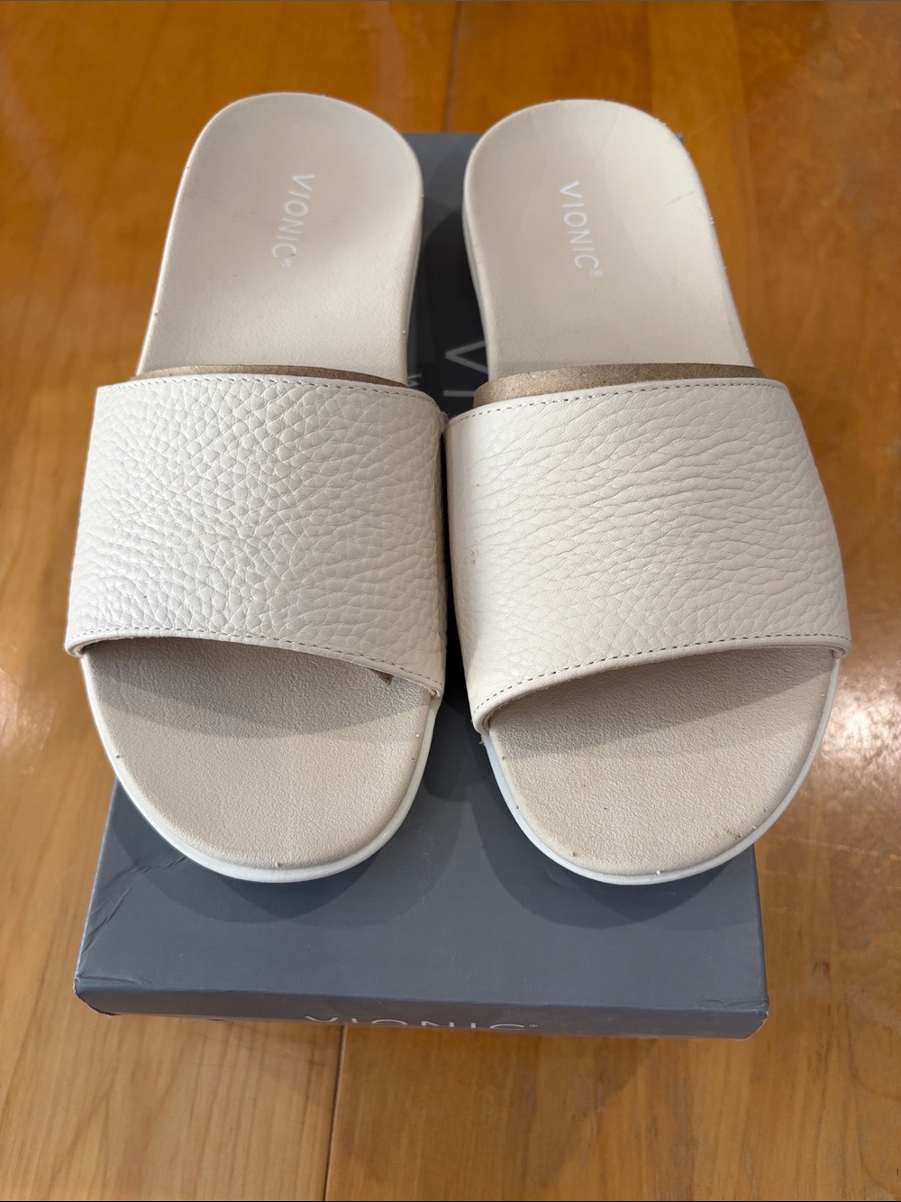 Vionic Ivory Leather Textured Slide Sandals - Wide Strap Slip-Ons